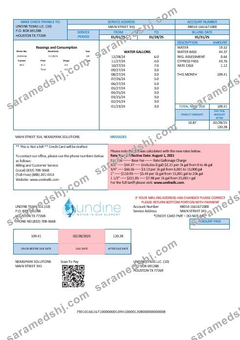 USA Texas Undine water is our element water business utility bill Word and PDF formats